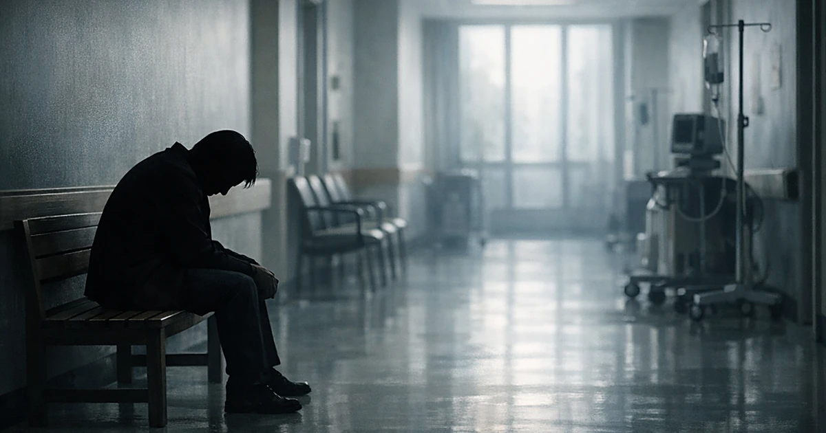 Silhouette of person sitting alone on bench in dimly lit hospital corridor, head bowed in grief