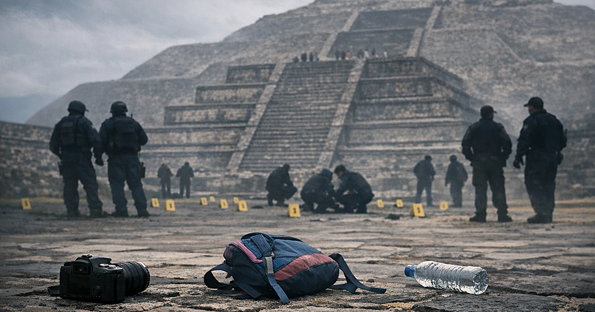 Ancient pyramid with abandoned belongings and evidence markers on stone plaza, emergency responders as silhouettes