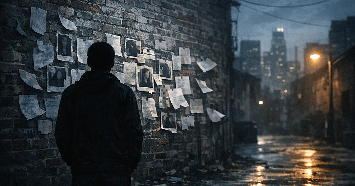 Silhouetted figure from behind in urban alley looking at wall with scattered papers, evening light, somber atmosphere