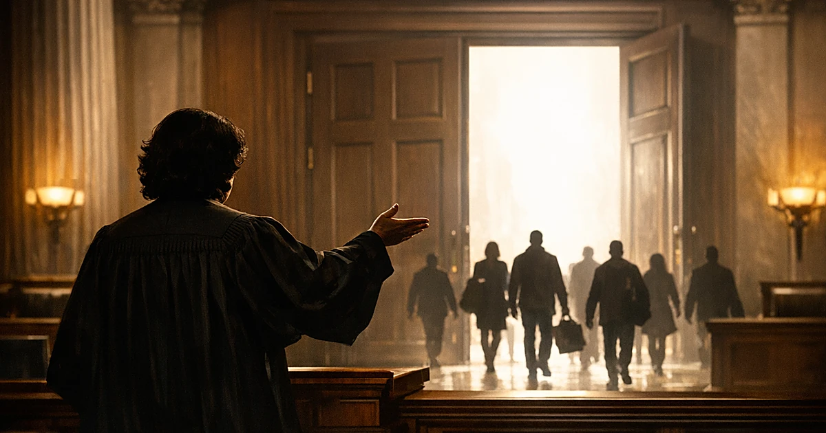 Silhouetted judge gesturing toward courtroom door as shadowed figures walk through into bright light beyond