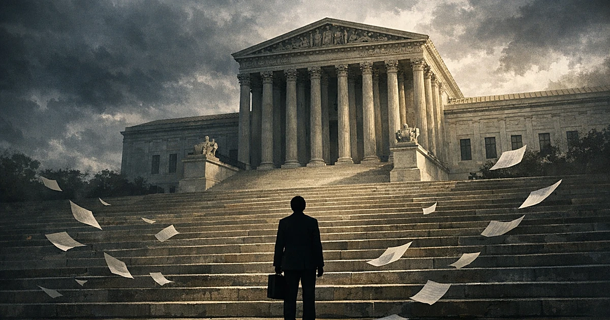 Silhouetted figure at base of courthouse stairs as papers blow past in wind under stormy sky