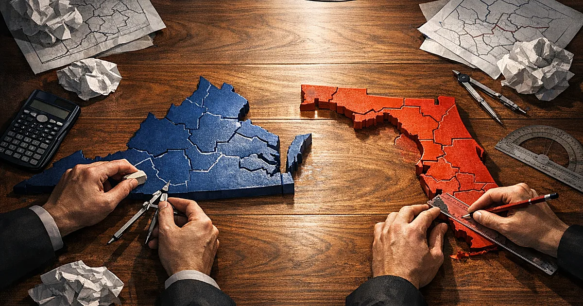Overhead view of hands redrawing boundaries on state-shaped puzzle pieces with drafting tools on a wooden table