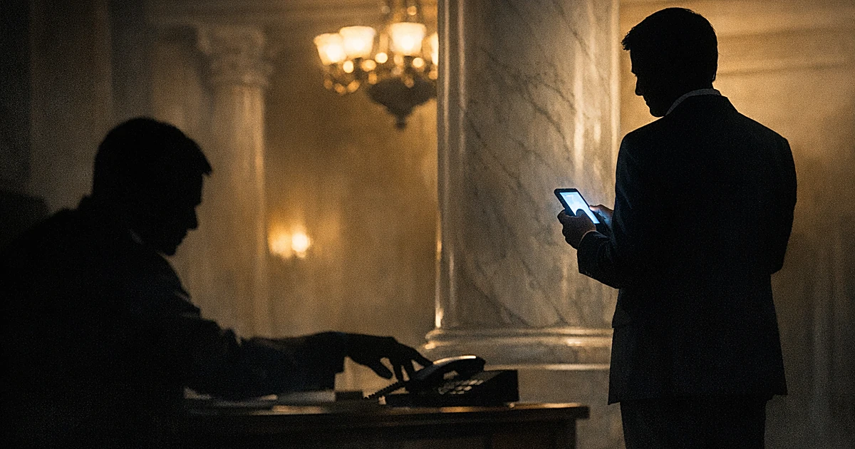 Two silhouetted figures in Capitol interior, one standing with glowing phone, one seated, separated by dramatic lighting