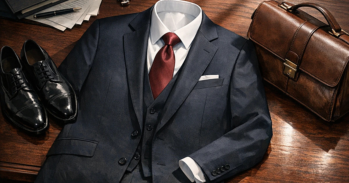 Business formal attire laid out on desk including suit jacket, dress shirt, tie, and leather shoes