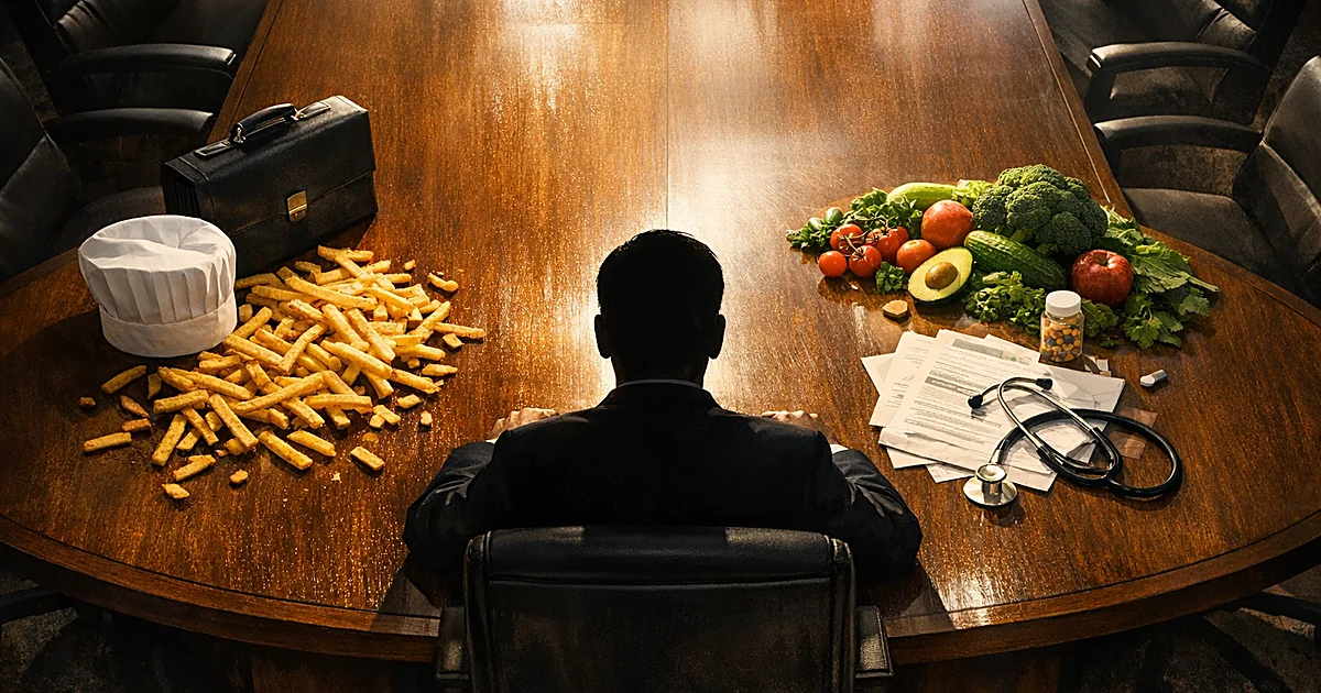 Boardroom table with silhouetted figure, french fries, vegetables, and chef's hat representing fast food health policy