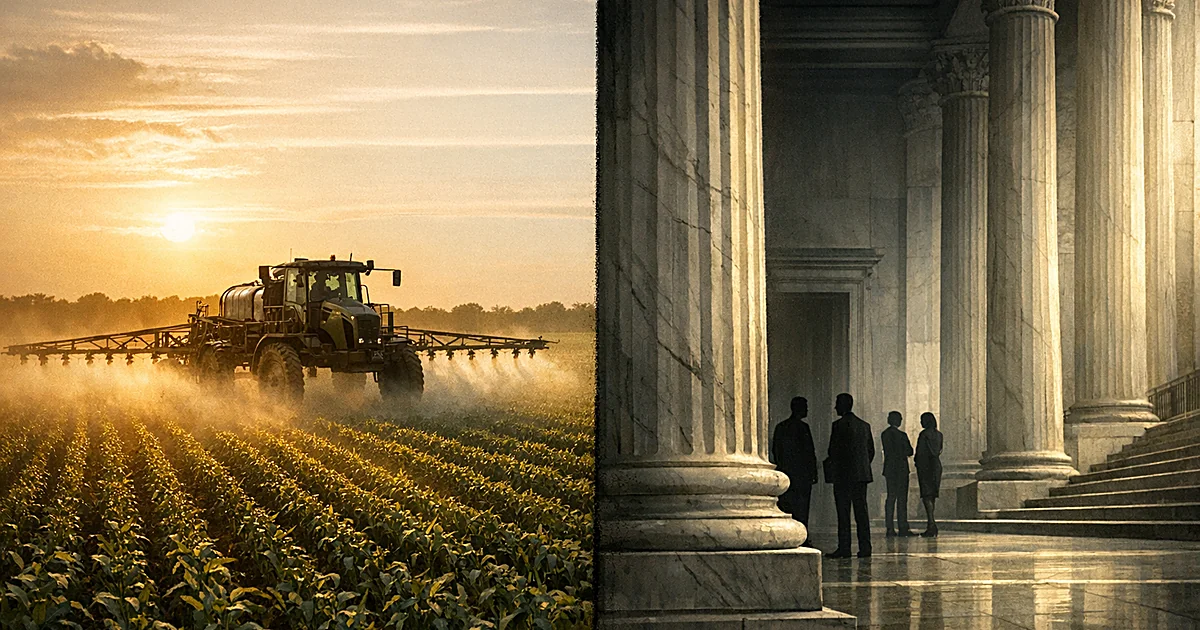 Split view of pesticide sprayer in farm field and silhouetted figures in courthouse columns representing legal dispute