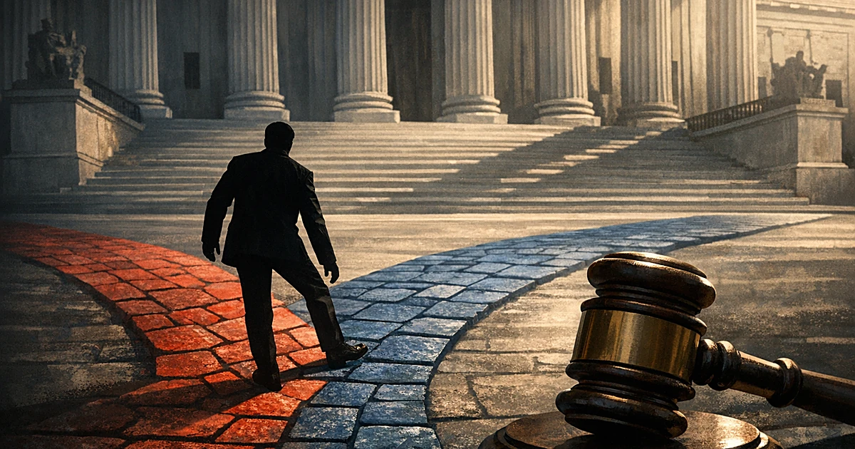 Silhouette at crossroads between red and blue paths with courthouse columns and gavel blocking the way forward