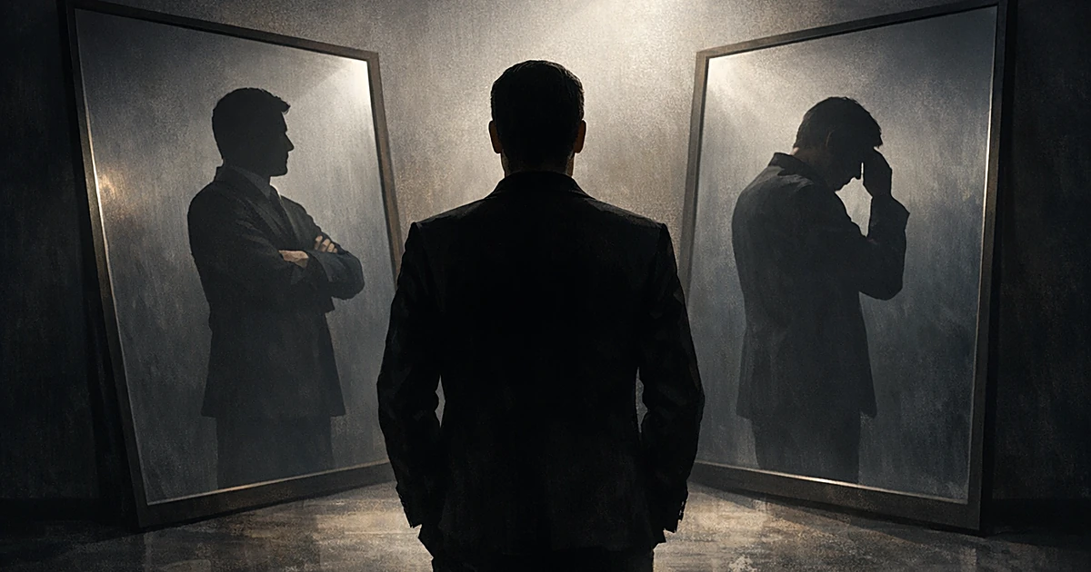 Silhouetted figure standing between two angled mirrors showing opposing reflections in dramatic lighting