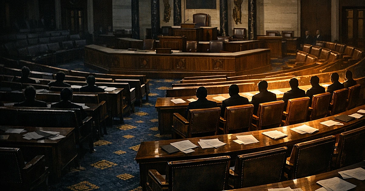 Congressional chamber with ten illuminated seats on right side, others in shadow, representing bipartisan vote split