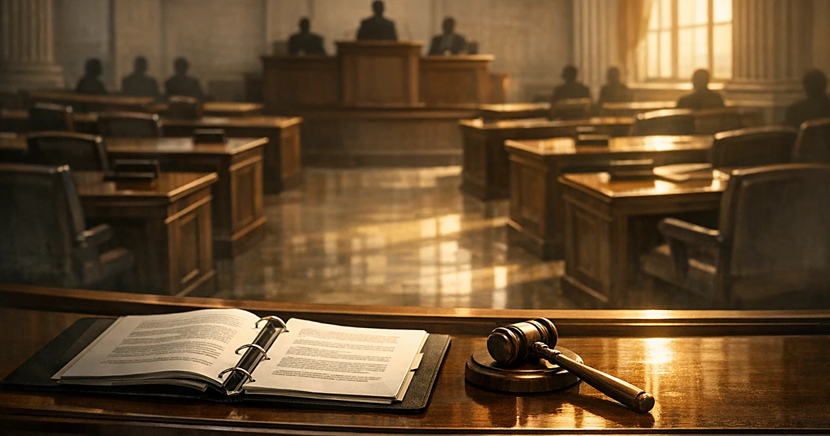 Empty legislative chamber with wooden desks, open document binder, and gavel illuminated by window light