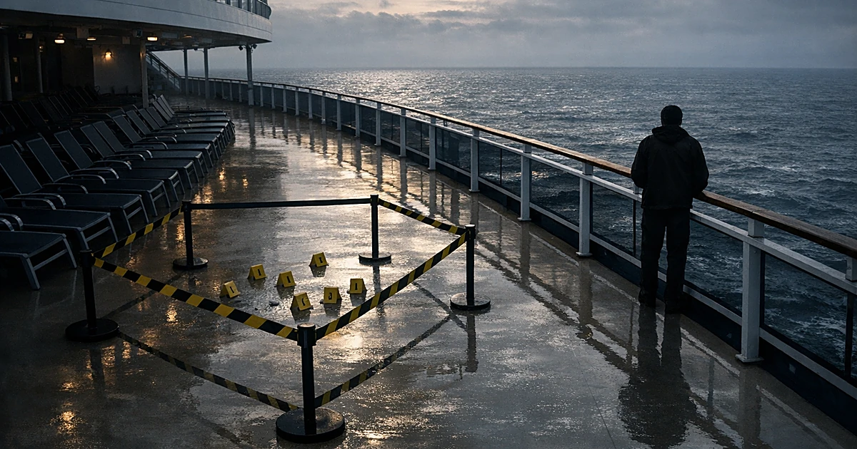 Cruise ship deck with evidence markers and barrier tape, lone figure at railing facing ocean at dawn