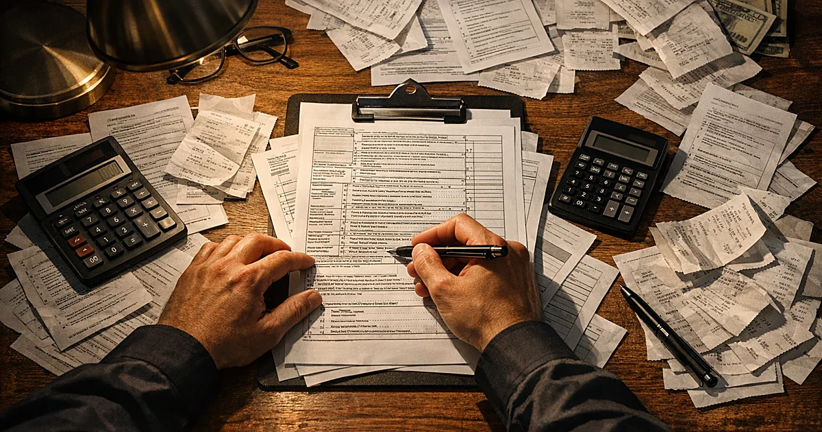 Overhead view of hands filling out tax forms on desk with calculator and receipts during tax filing season