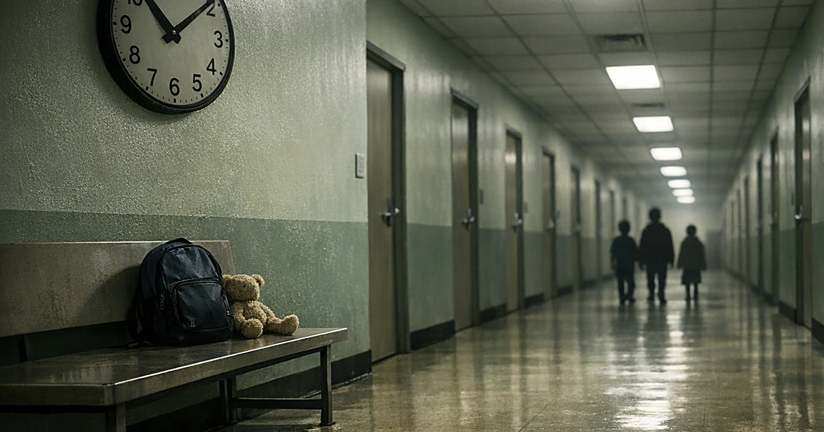 Empty institutional hallway with closed doors, a child's backpack on bench, and distant silhouettes under fluorescent lights