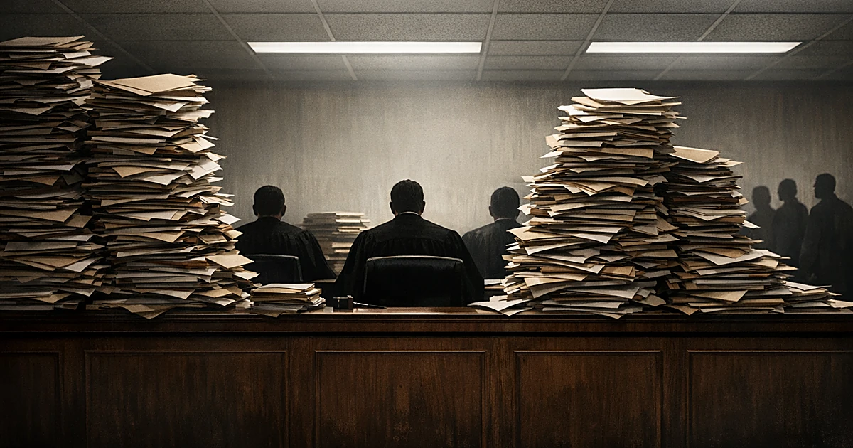 Courtroom bench overwhelmed by massive stacks of case files with silhouetted judges behind them