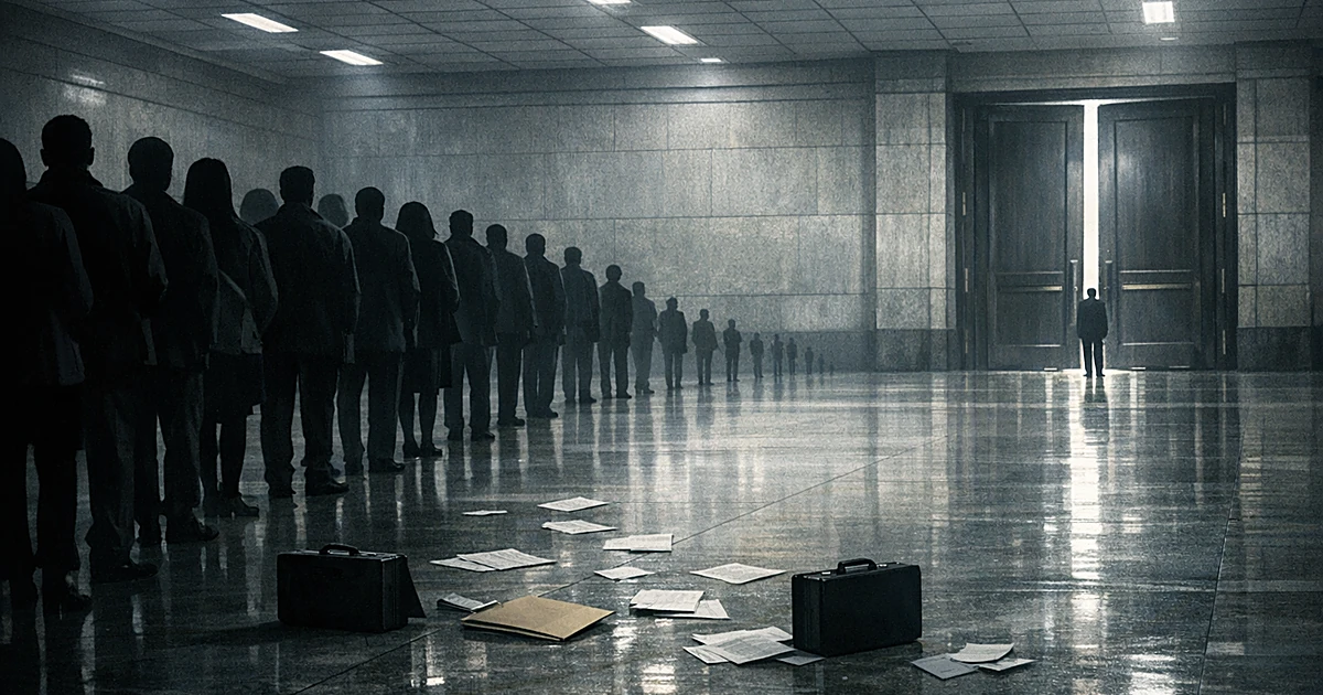 Silhouetted figures in a queue that dramatically thins out before reaching a government building entrance