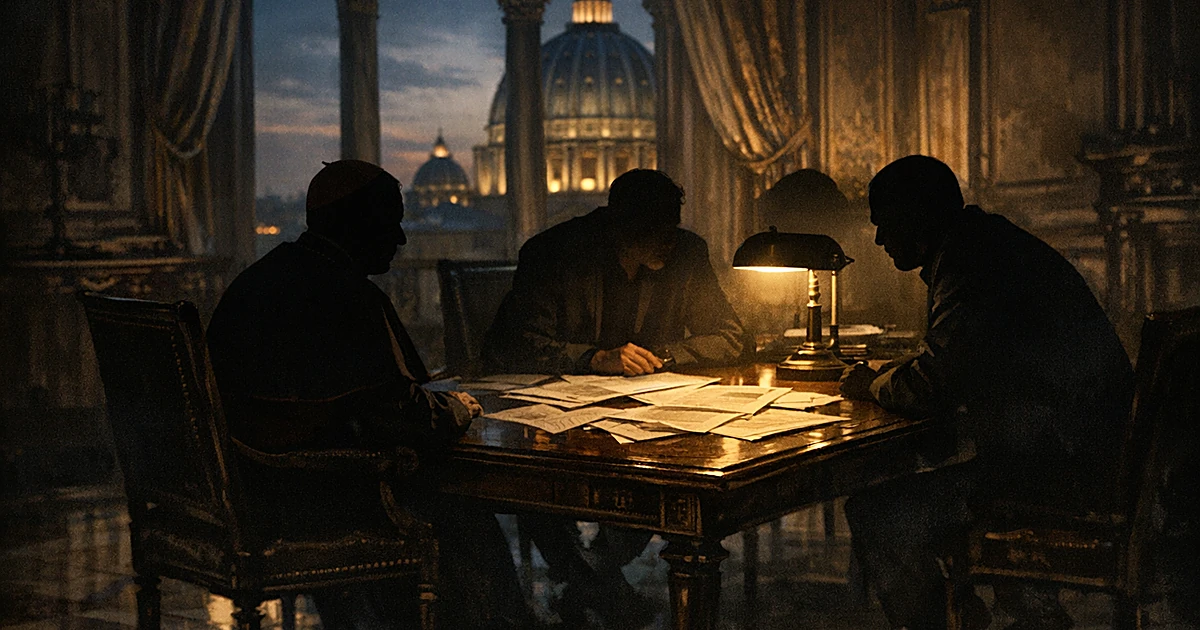 Three silhouetted figures meeting around a table in an ornate room with cathedral dome visible through windows