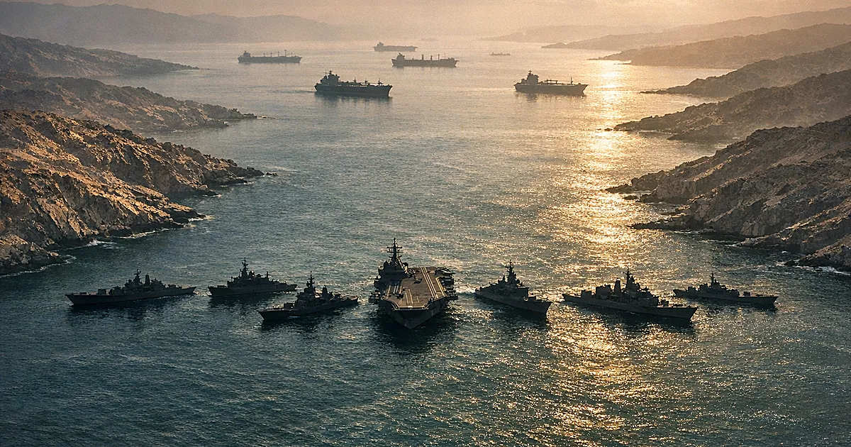 Aerial view of naval vessels forming blockade across narrow strait with commercial ships waiting in distance