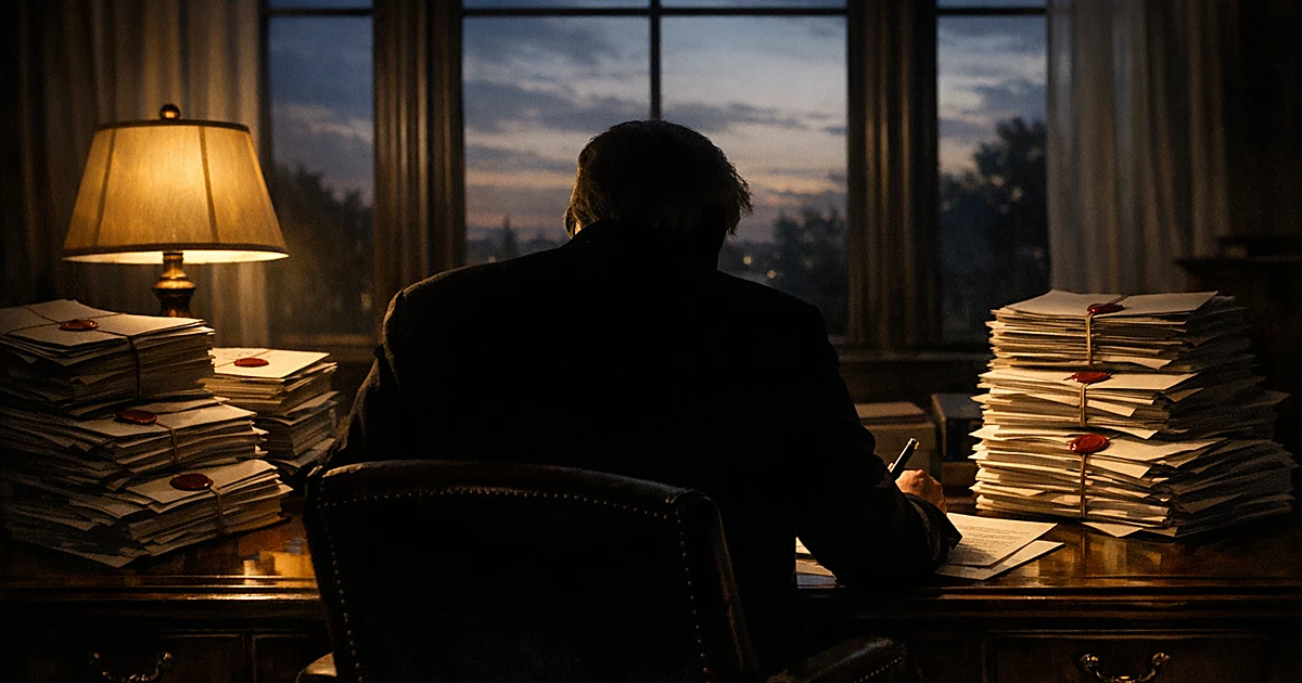 Silhouetted figure at desk signing documents surrounded by stacks of sealed papers in dimly lit office