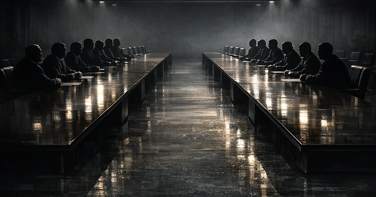 Silhouetted figures seated at opposite ends of a long negotiation table in a dimly lit room