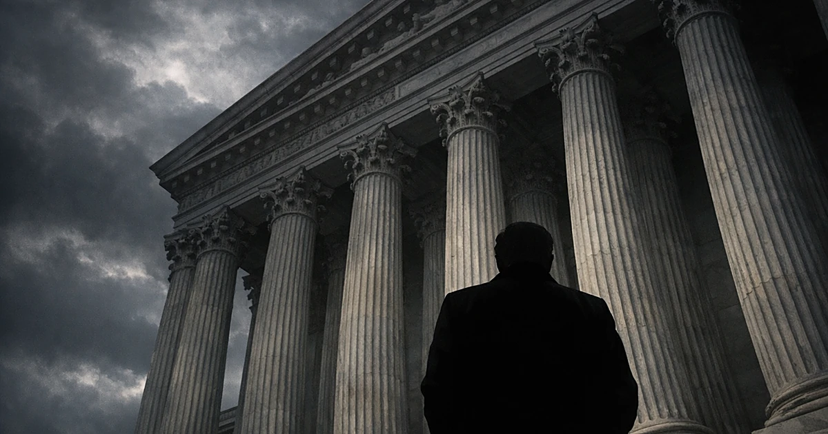 Silhouetted figure standing before towering Supreme Court columns under dark, stormy skies