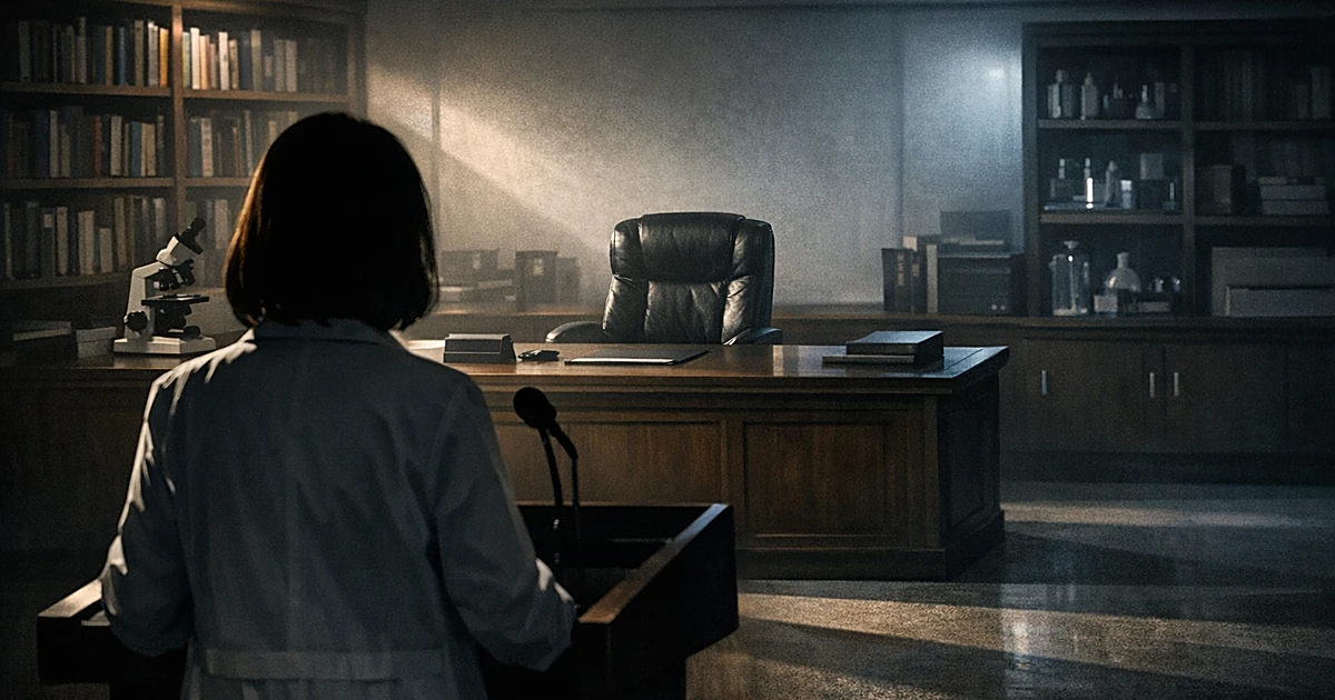 Silhouetted medical professional at podium facing empty desk chair in institutional office with medical equipment