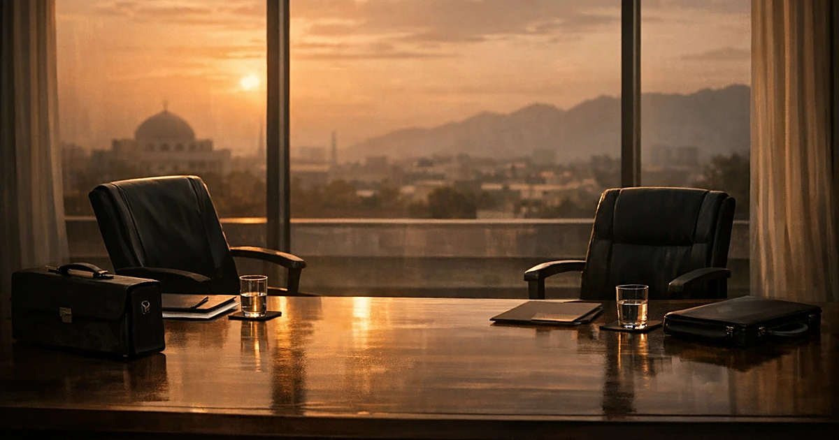 Empty conference room with vacant chairs on opposite sides of table, suggesting cancelled diplomatic negotiations