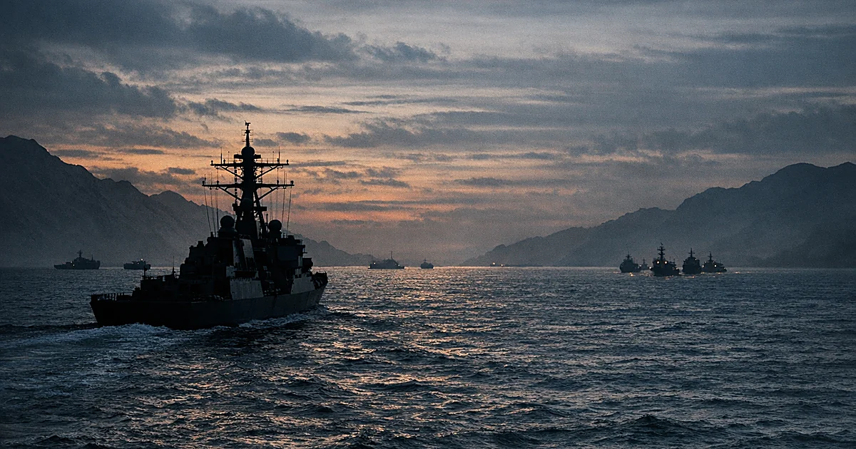 Solitary warship in strait waters with distant vessels approaching late on the horizon at dusk