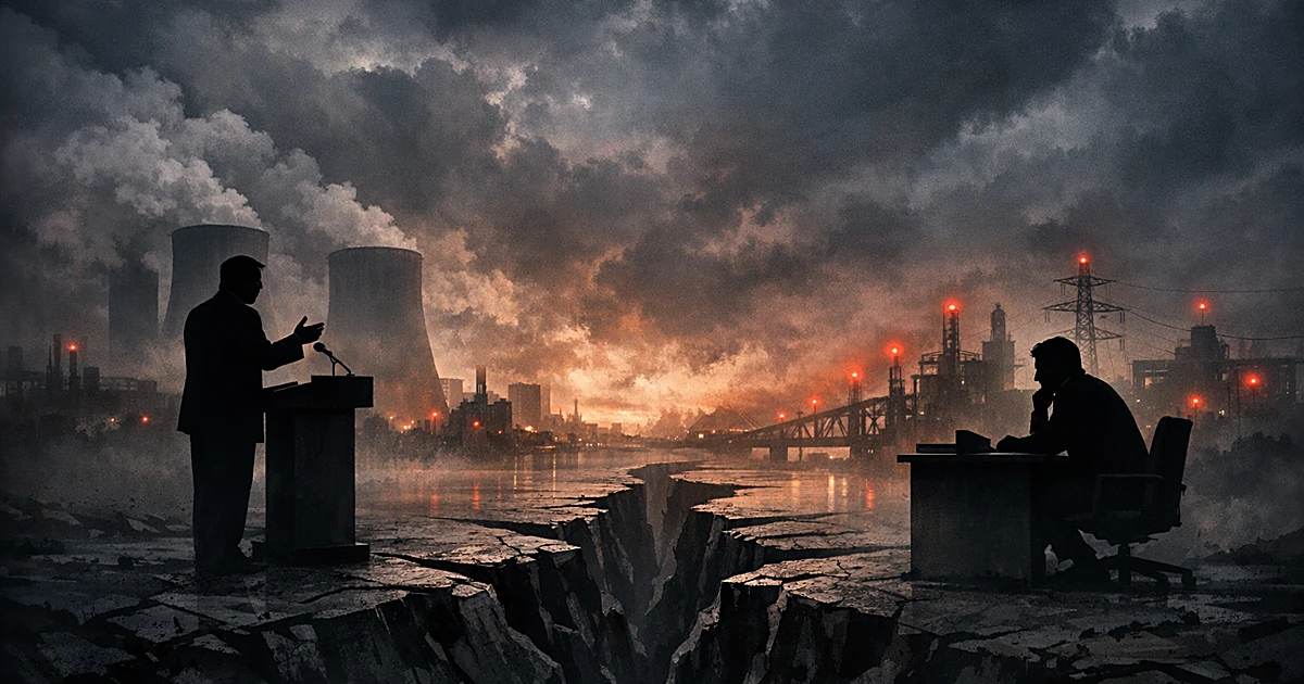 Two silhouetted figures separated by a divide with industrial structures and storm clouds in background