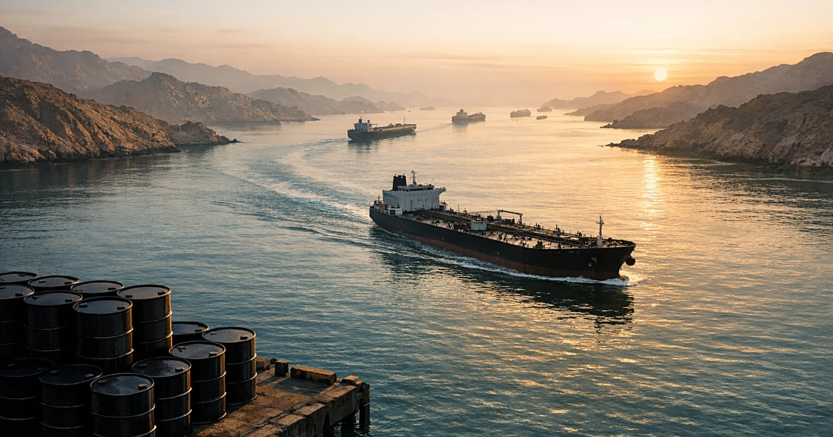 Aerial view of oil tankers passing through the Strait of Hormuz waterway with stacked oil barrels in foreground