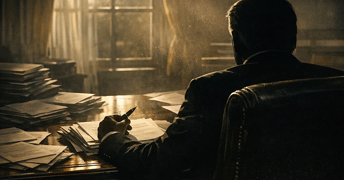 Silhouetted figure at desk with pen and stacked documents in shadowy office with dramatic window lighting