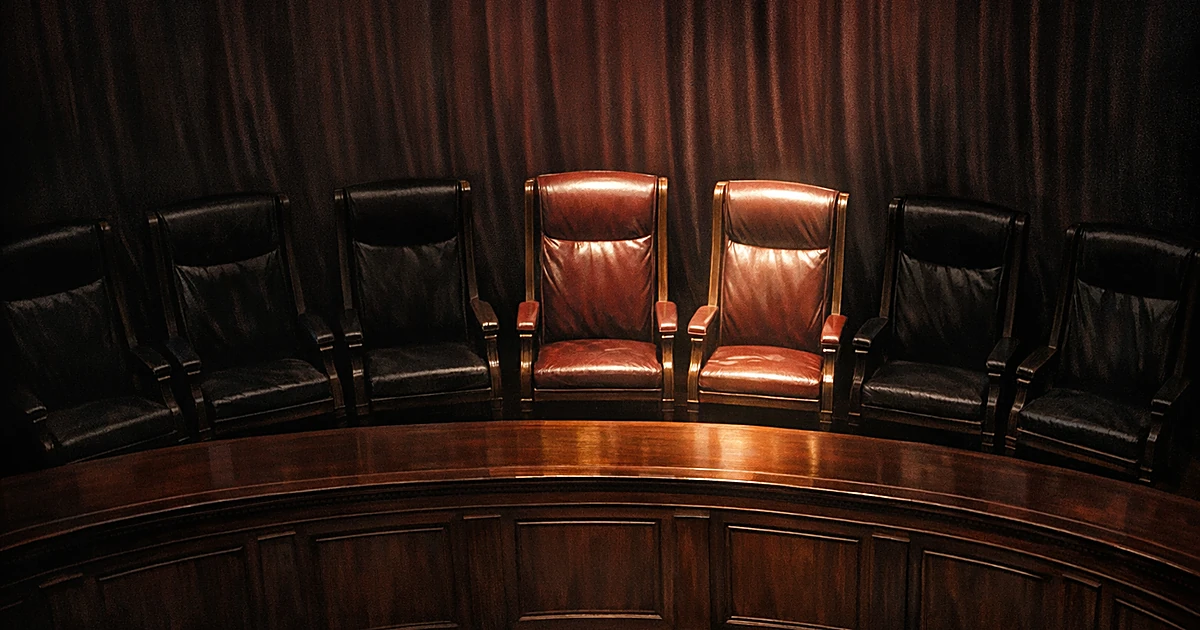 Overhead view of Supreme Court bench with nine empty chairs, three illuminated by spotlights suggesting potential vacancies