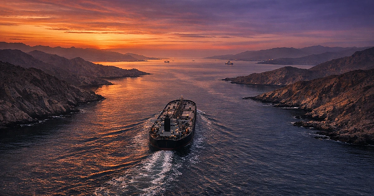 Aerial view of oil tanker passing through narrow strait at dusk with rocky coastlines on both sides