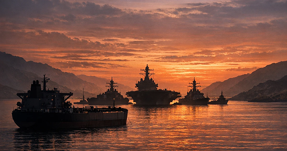 Naval vessels blocking a narrow strait with an oil tanker waiting in the foreground at dusk