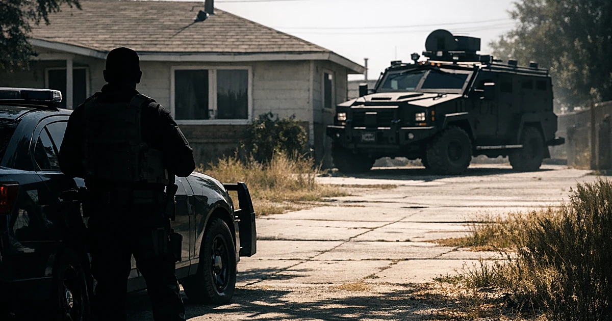 Silhouetted officer near patrol car facing residential house with armored vehicle in background