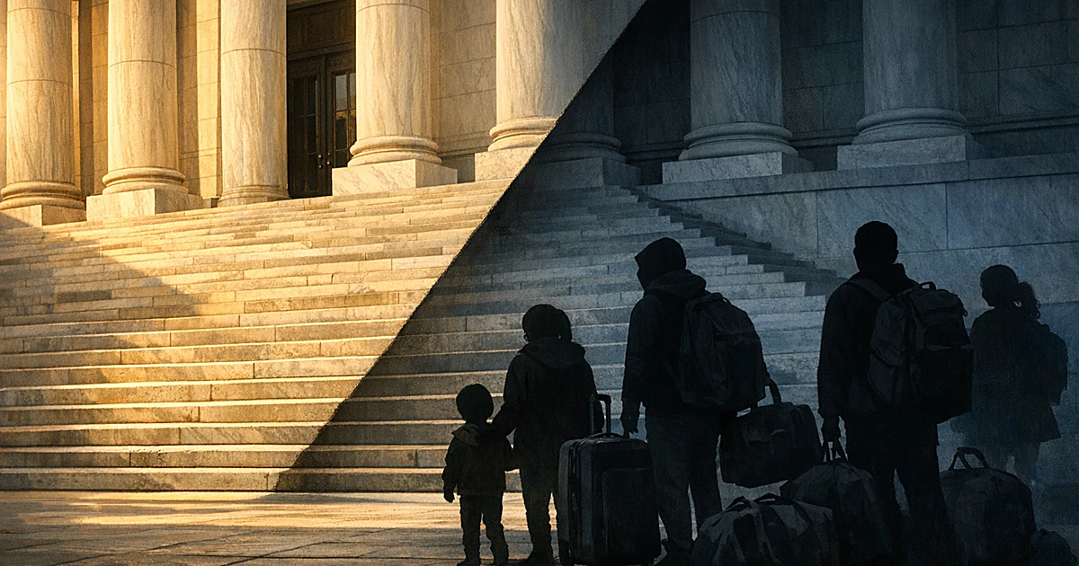 Split courthouse scene with columns divided by shadow, silhouettes of people with belongings waiting in darker half