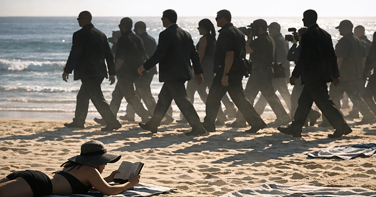 Sunbather reading on beach towel while crowd of silhouetted figures walks past with cameras and security detail