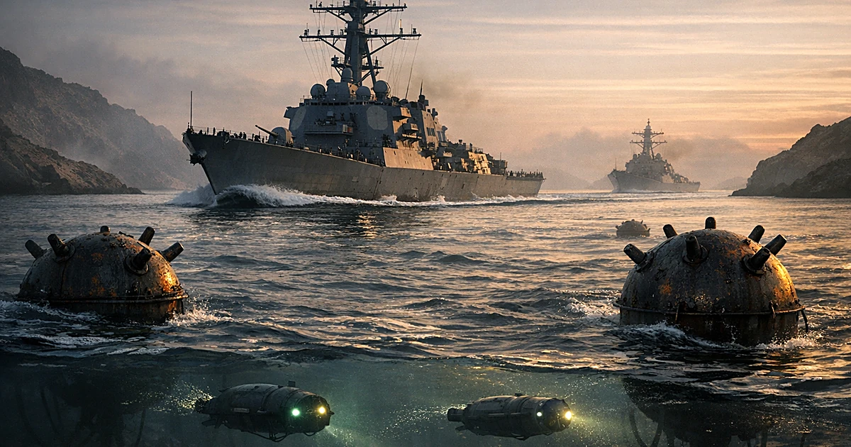 Naval destroyer navigating waters with floating mines and underwater drones in narrow strait at dawn