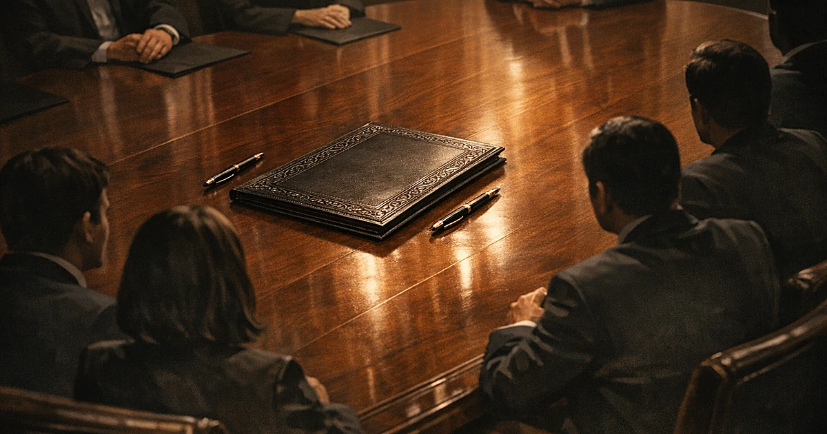 Silhouetted officials seated around conference table with ornate document folder during formal signing ceremony
