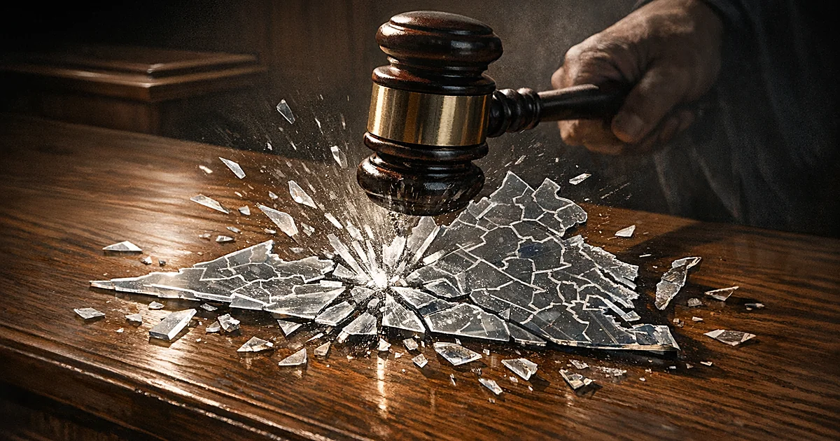 A gavel striking a fragmenting map of Virginia with district lines on a judicial bench in dramatic lighting
