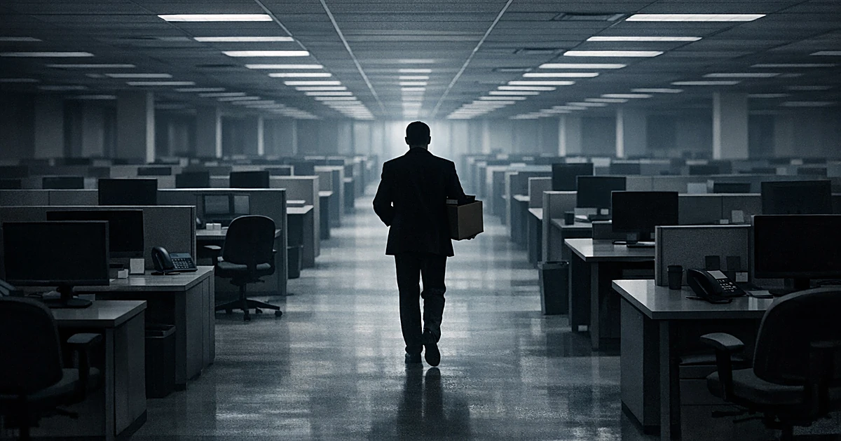 Empty office cubicles with silhouetted person carrying box walking away through abandoned workspace