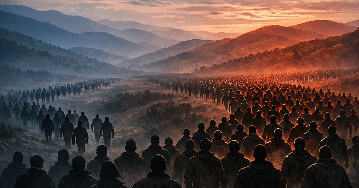Silhouetted crowds moving in opposite directions across Appalachian valley, larger group heading toward red-lit hills