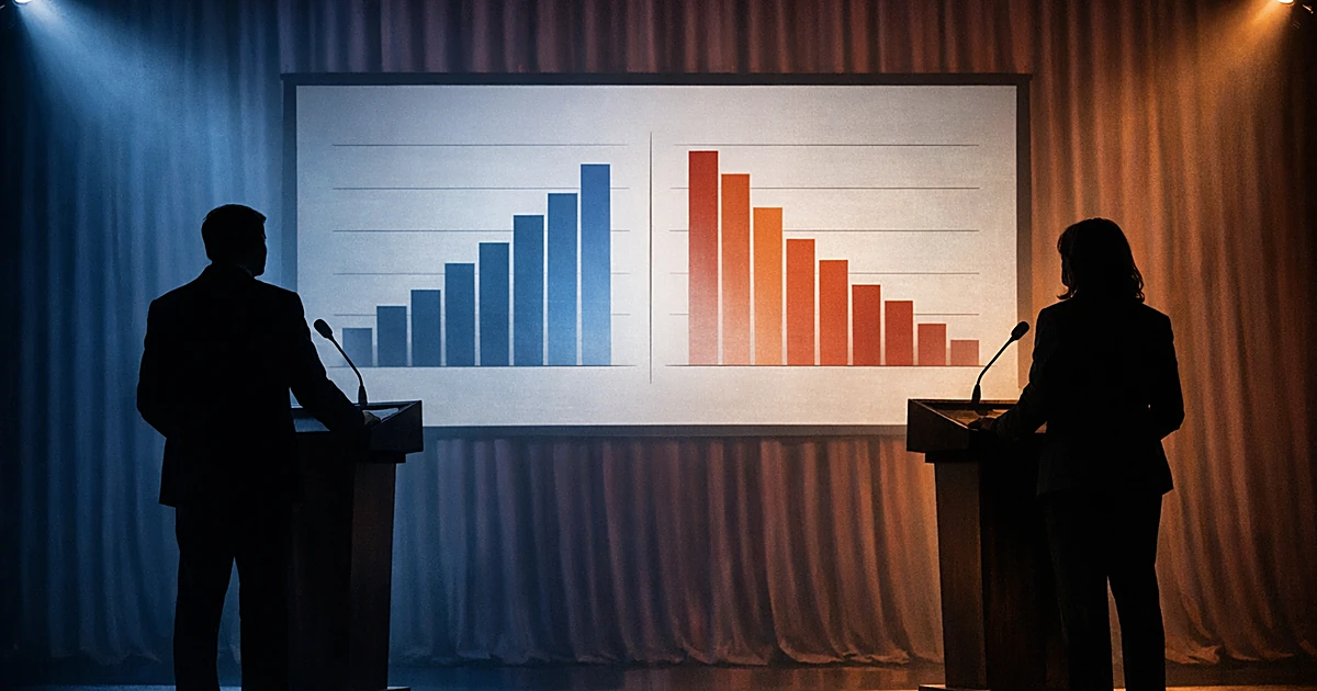 Two silhouetted figures at podiums with polling data graphs projected between them on stage