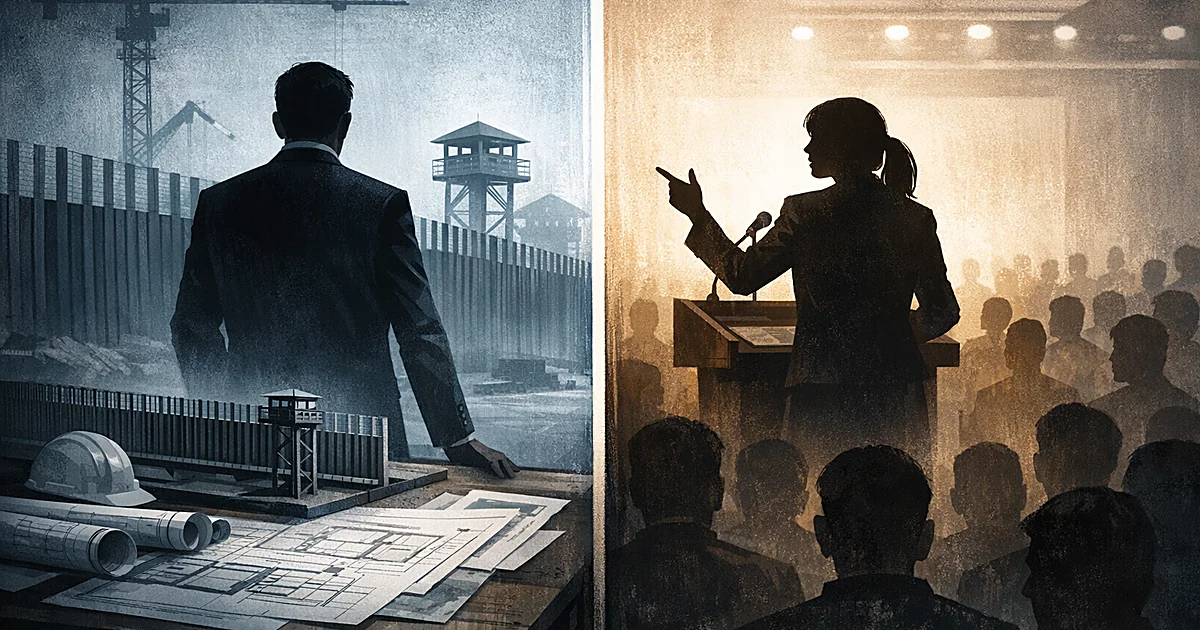 Split scene showing engineering blueprints with border infrastructure models on left, campaign podium silhouette on right
