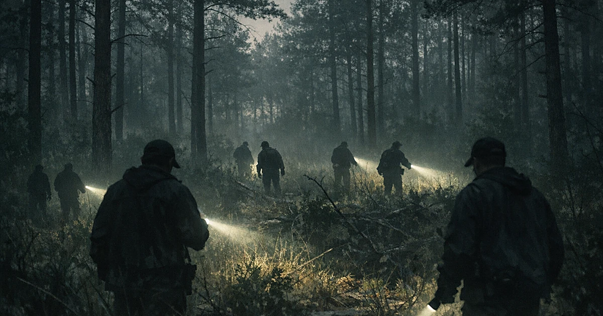 Silhouetted figures searching through a dense Alabama forest at dusk with flashlight beams cutting through trees