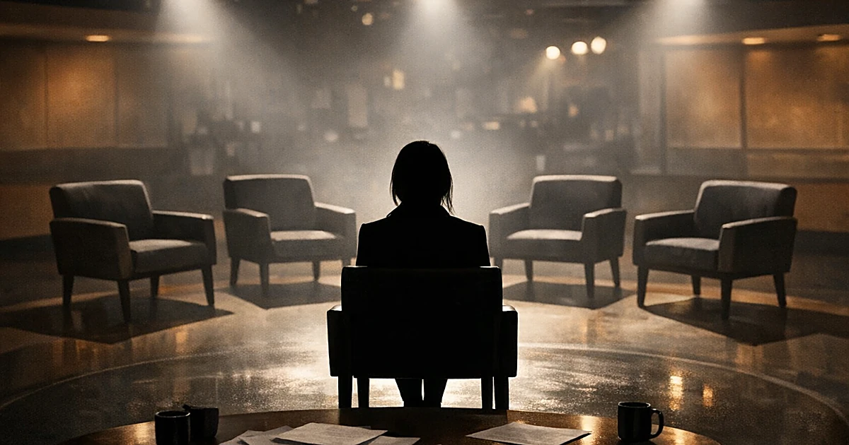 Silhouette of person in chair surrounded by semicircle of empty chairs under dramatic studio lighting