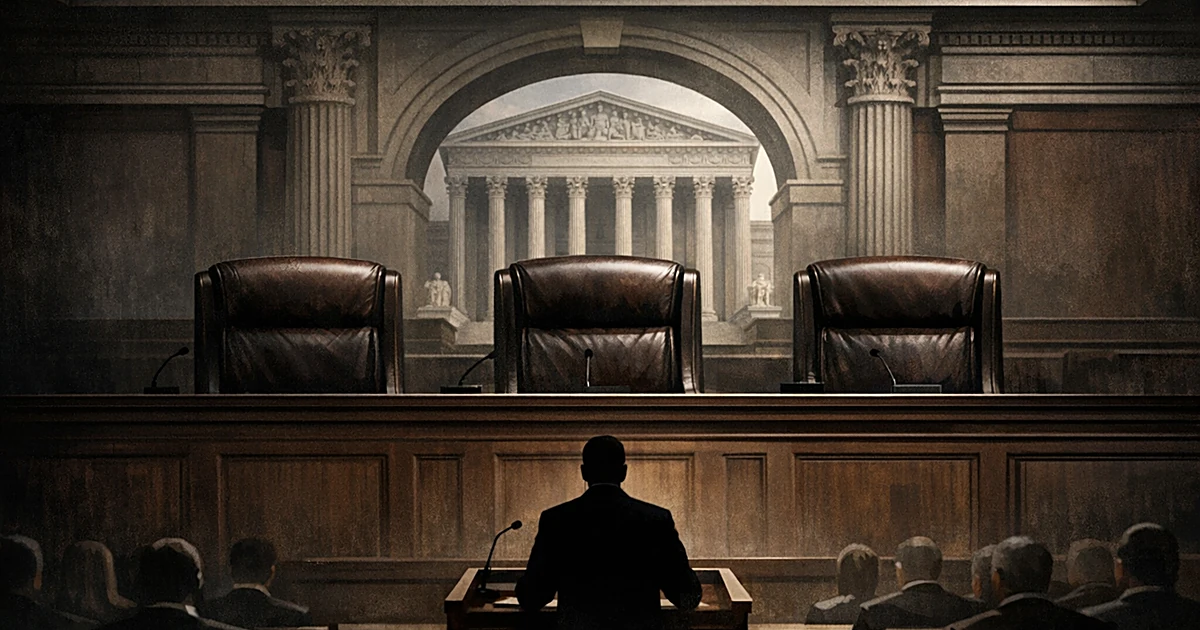 Three empty judges' chairs at elevated bench overlooking silhouetted attorney, with Supreme Court columns in background