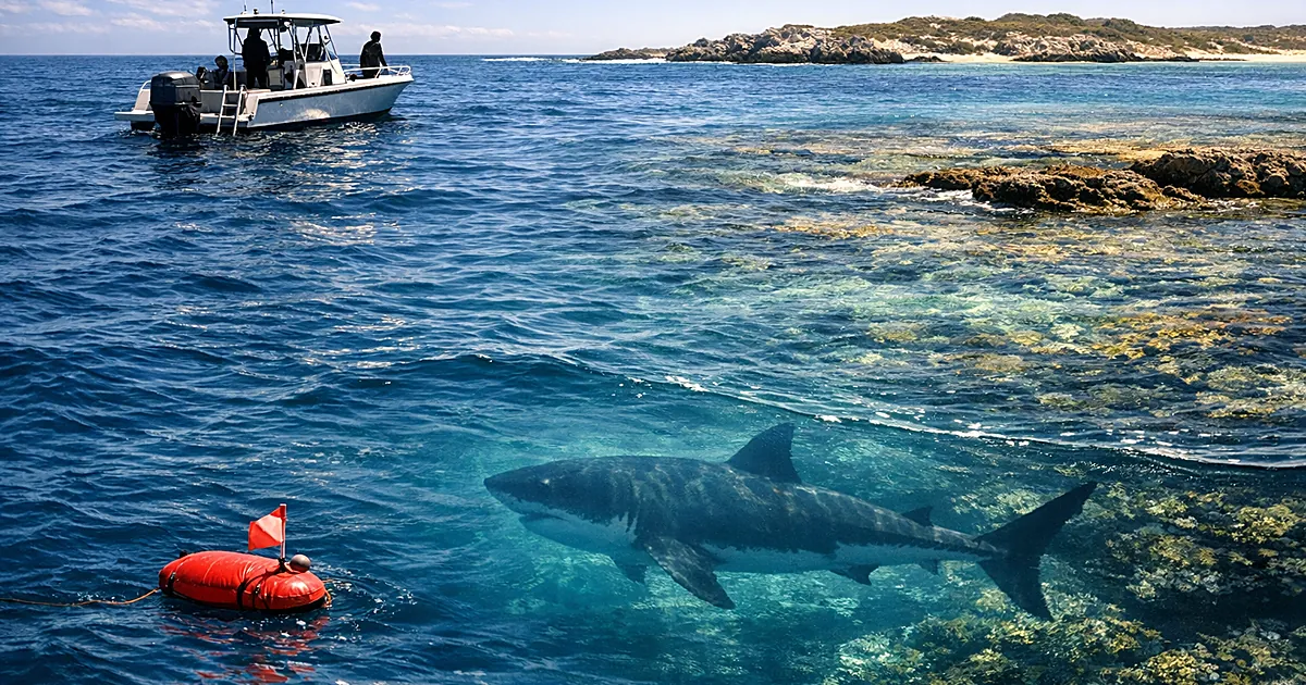 Dive boat on ocean water with shark silhouette visible beneath surface near rocky reef and distant island coastline