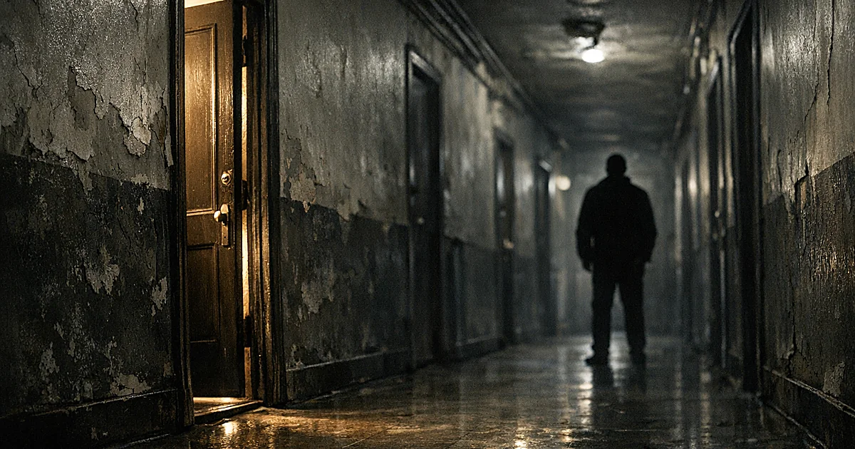 Dark apartment hallway with silhouetted figure at far end, doors lining both sides, creating tense atmosphere