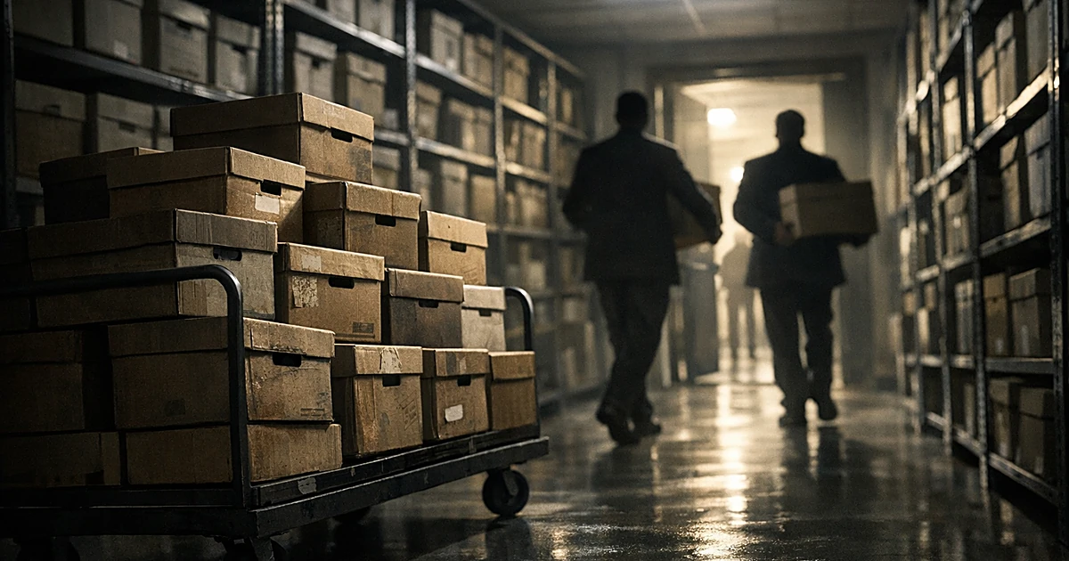 Silhouetted figures removing boxes of files from a government archive room with metal shelving