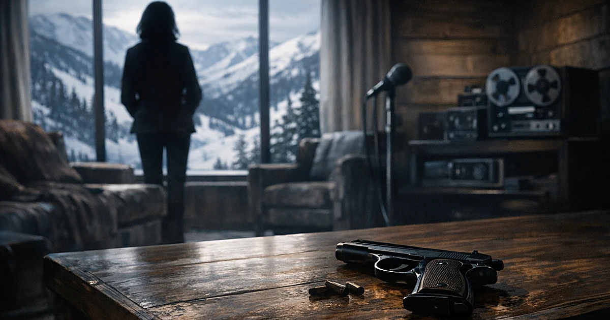 Pistol on table in 1970s ski lodge interior with silhouetted figure at window overlooking snowy mountains
